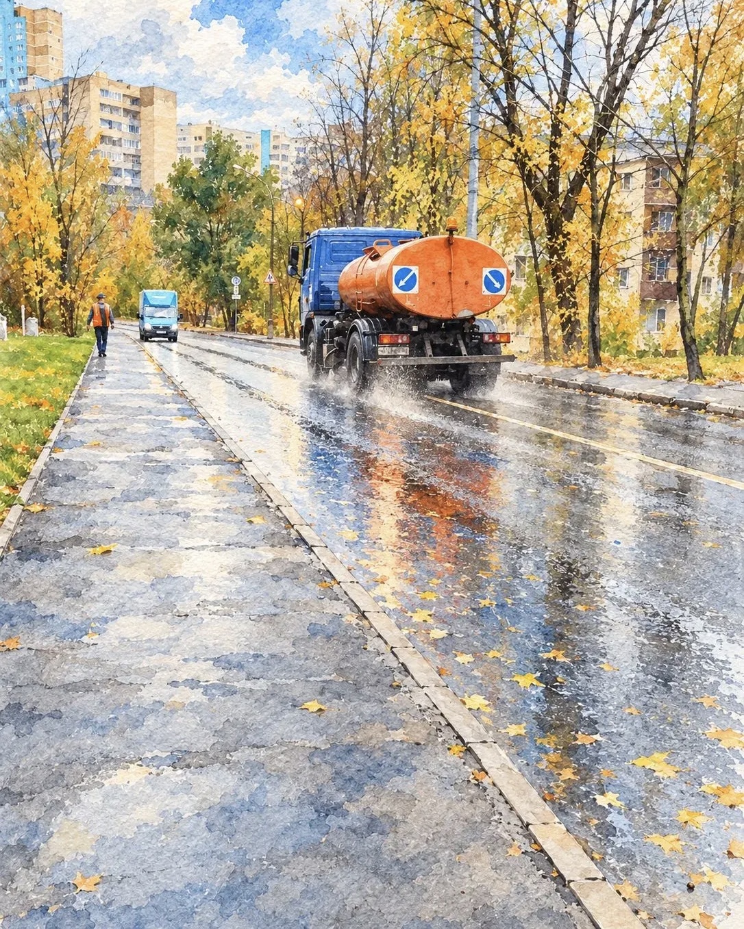 Поливомоечная машина на городской дороге осенью