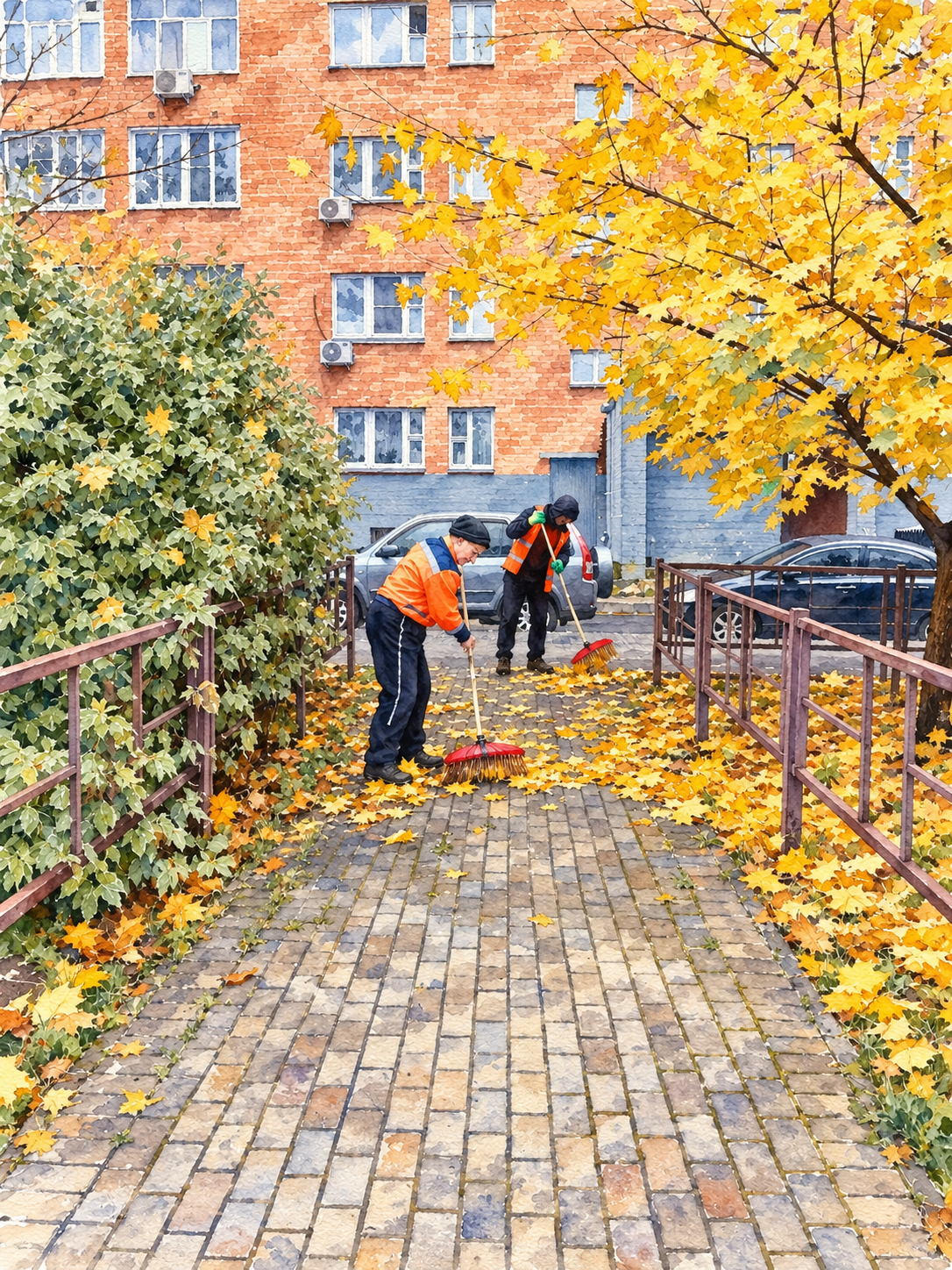 Сотрудники убирают опавшую листву во дворе